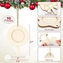 Wooden Christmas ornaments with measurements and installation instructions on a festive background.