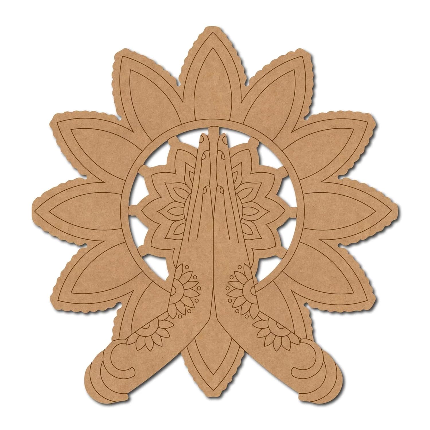 Brown paper cutout of praying hands with a floral design on a white background