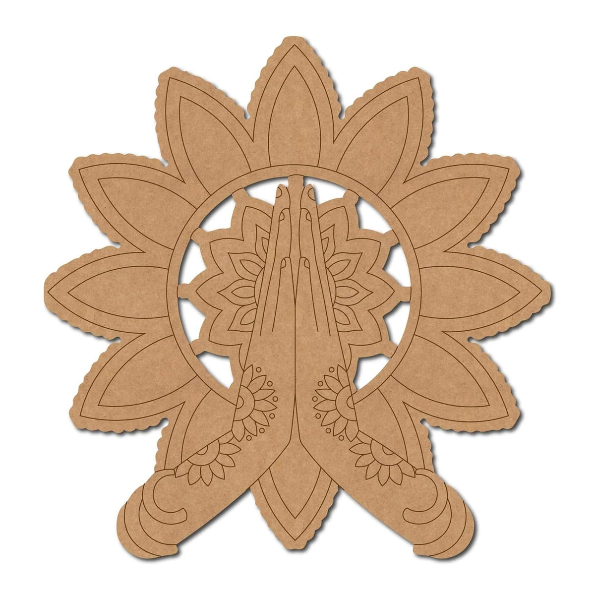Brown paper cutout of praying hands with a floral design on a white background