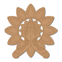Brown paper cutout of praying hands with a floral design on a white background