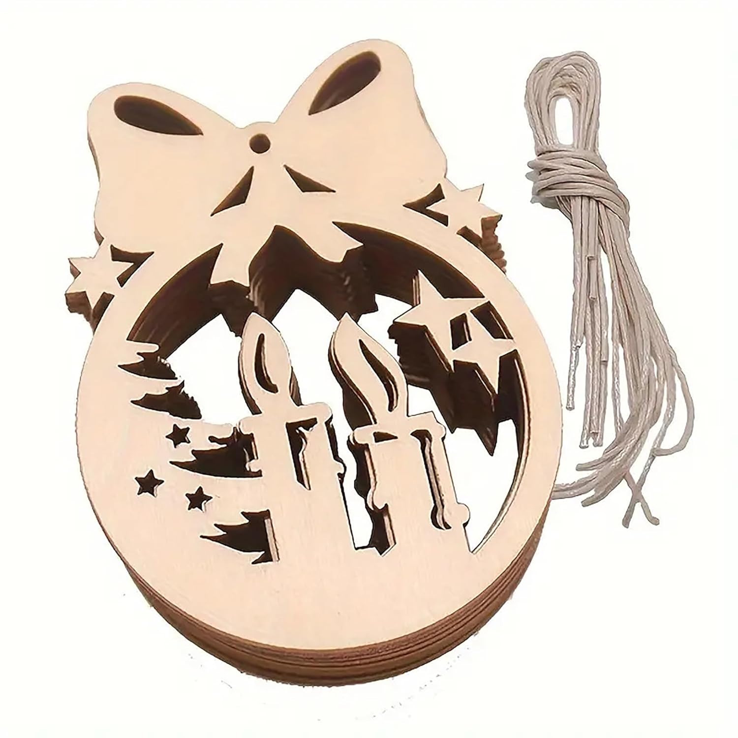 Wooden ornament with cut-out designs and string on a white background