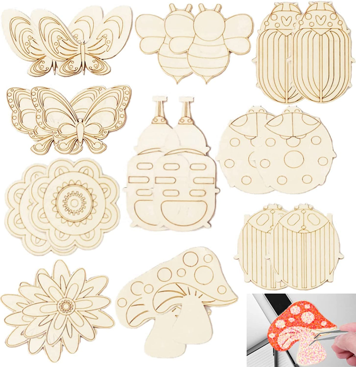 Set of wooden cutout shapes including butterflies, flowers, and other designs on a white background.