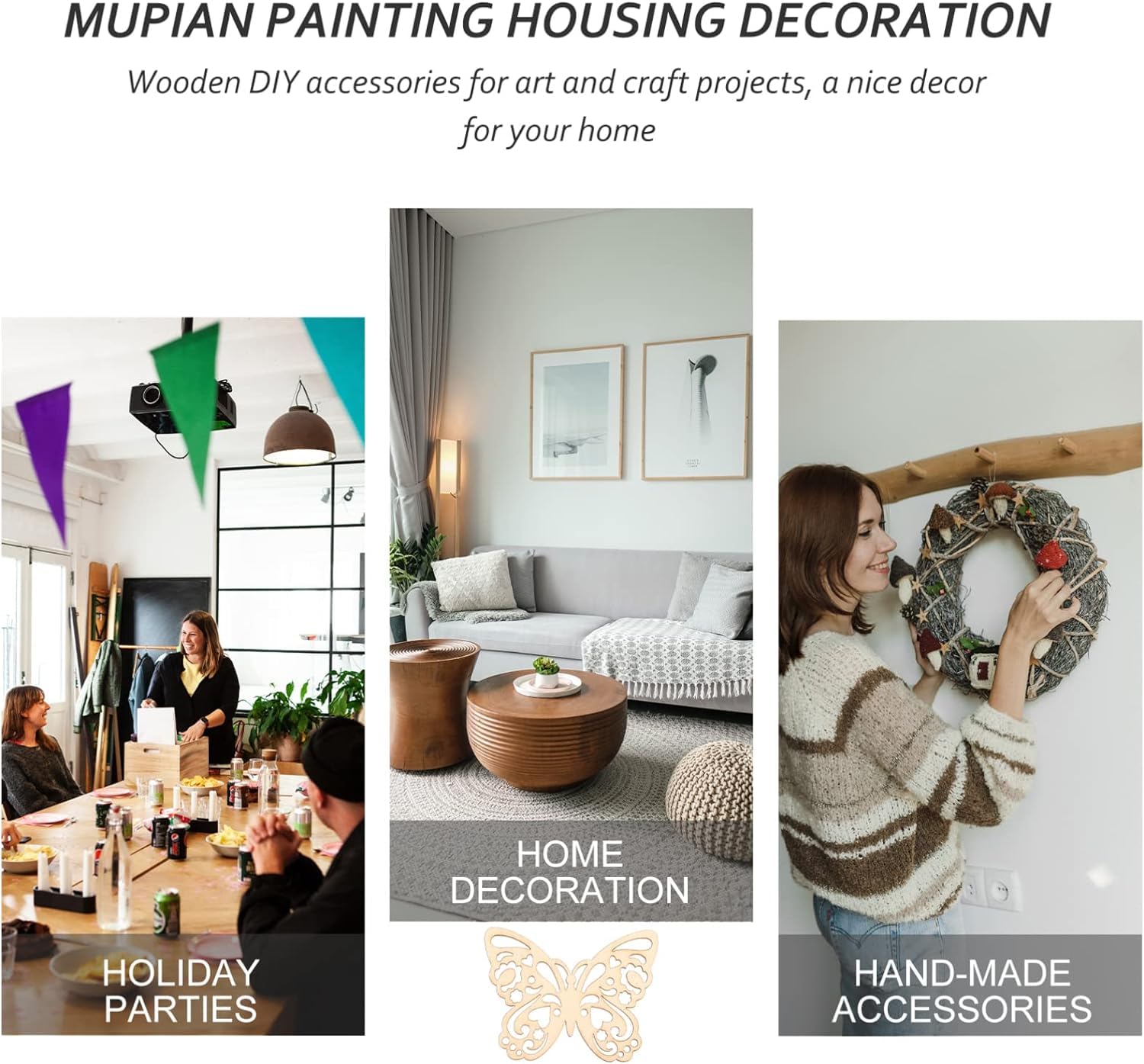 Promotional image for MUPIAN Painting Housing Decoration with text and lifestyle images of home decor, parties, and craft projects.