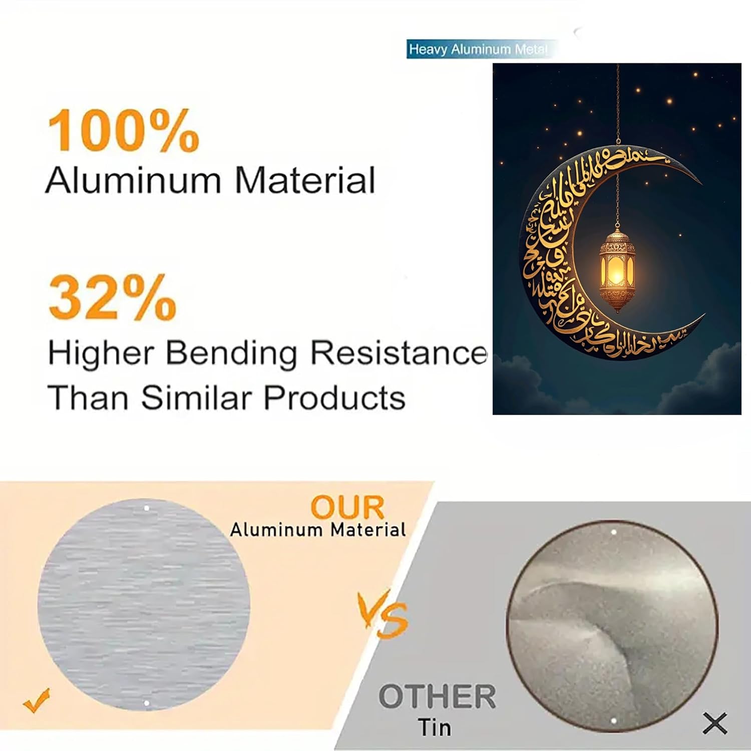 Decorative metal crescent moon with lantern design, material comparison chart, and text about aluminum properties.