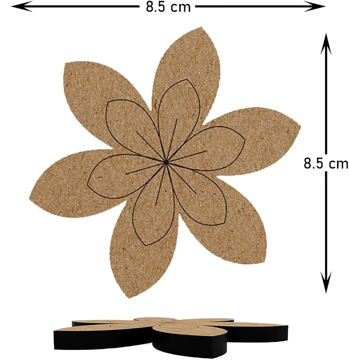 Floral-shaped cork board with measurements on a white background