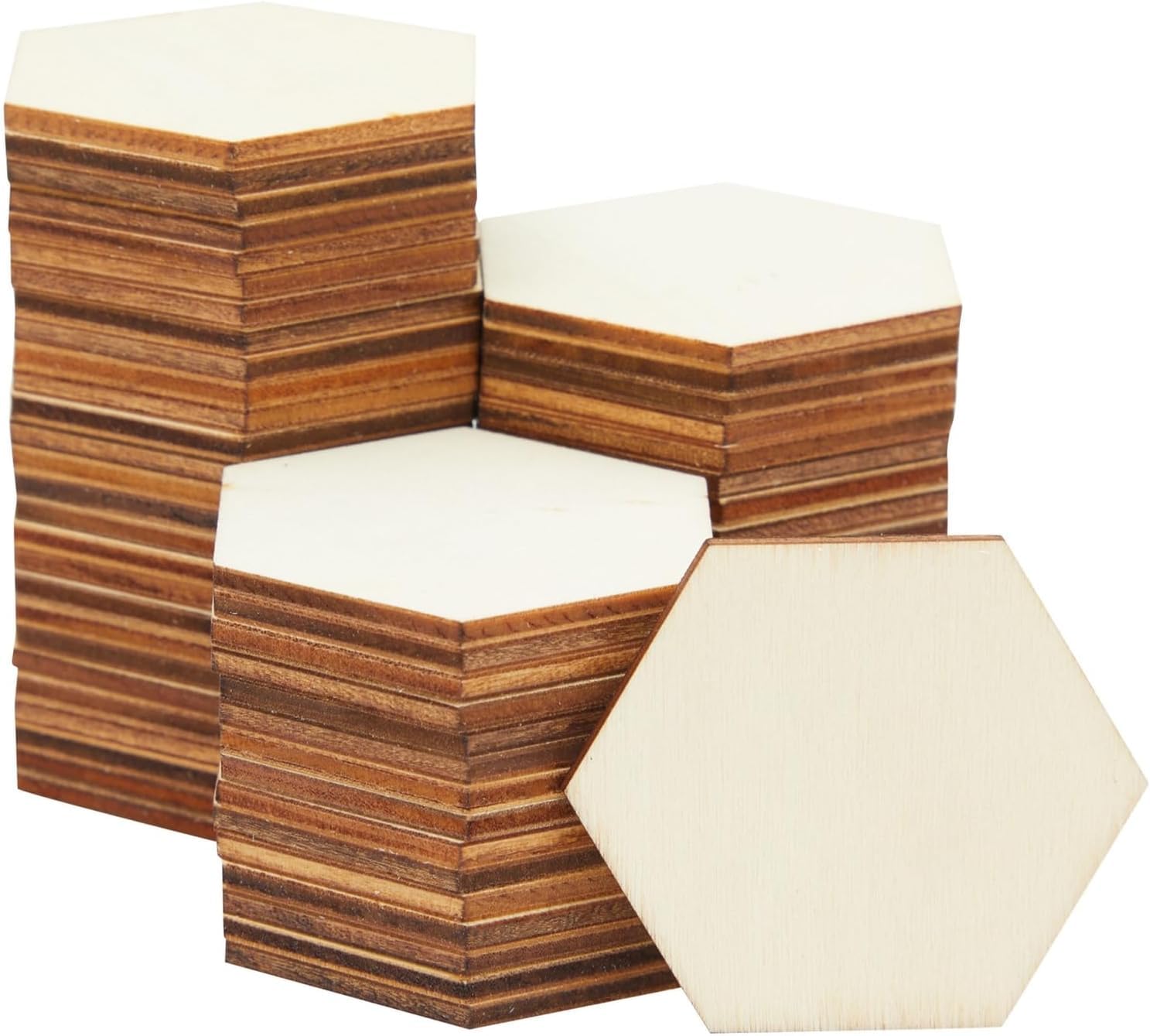 Hexagonal chair with wooden slats and white cushion on a white background