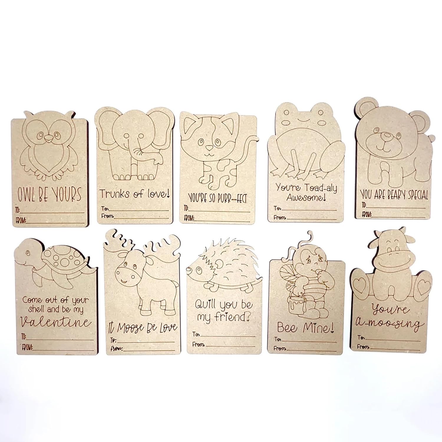Set of wooden Valentine's Day cards with animal illustrations and messages on a white background