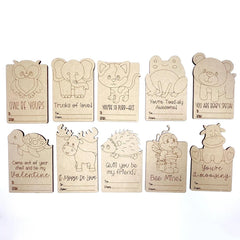 Set of wooden Valentine's Day cards with animal illustrations and messages on a white background