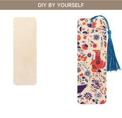 Decorative bookmark with floral pattern and tassel on a beige background, with text 'DIY BY YOURSELF'.
