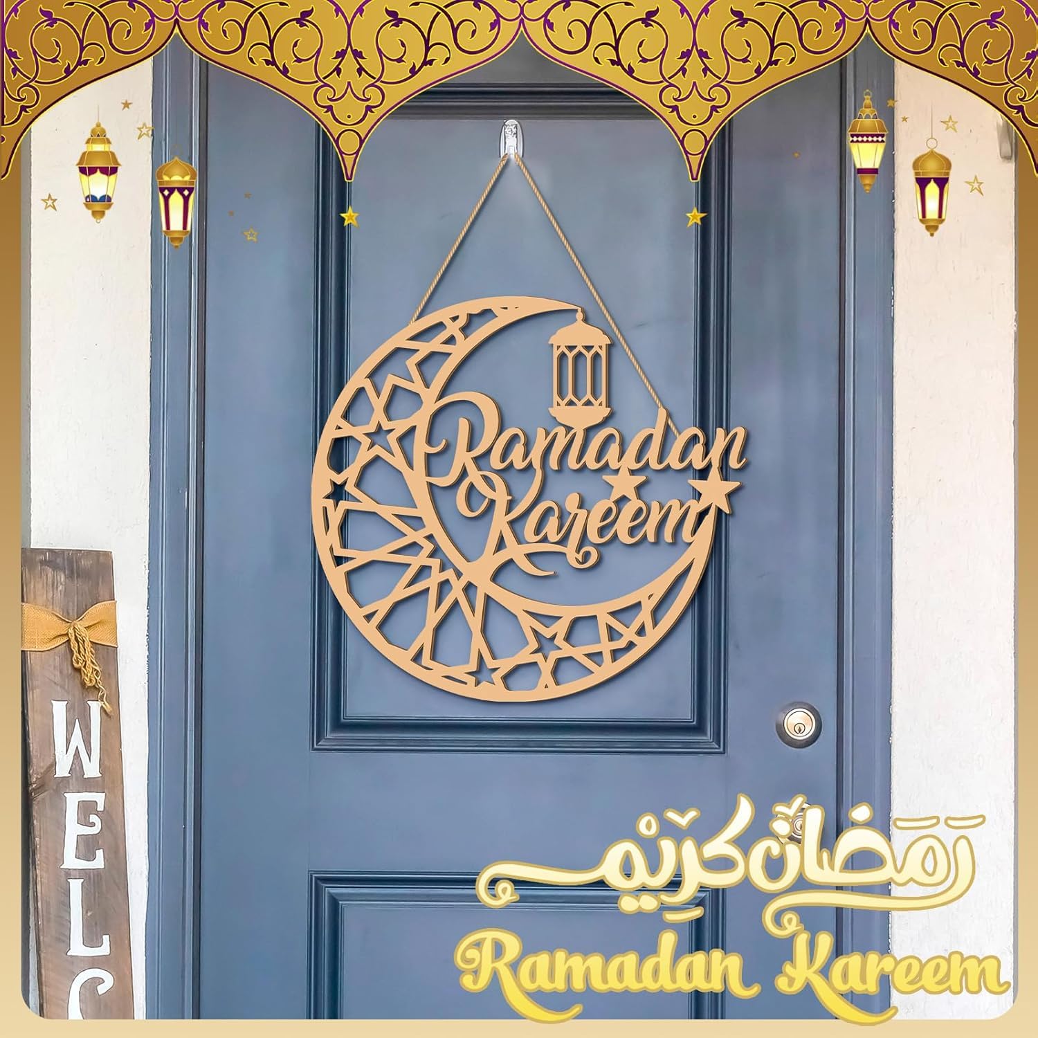 Decorative door hanger with 'Ramadan Kareem' on a blue door, featuring Arabic text and lanterns.