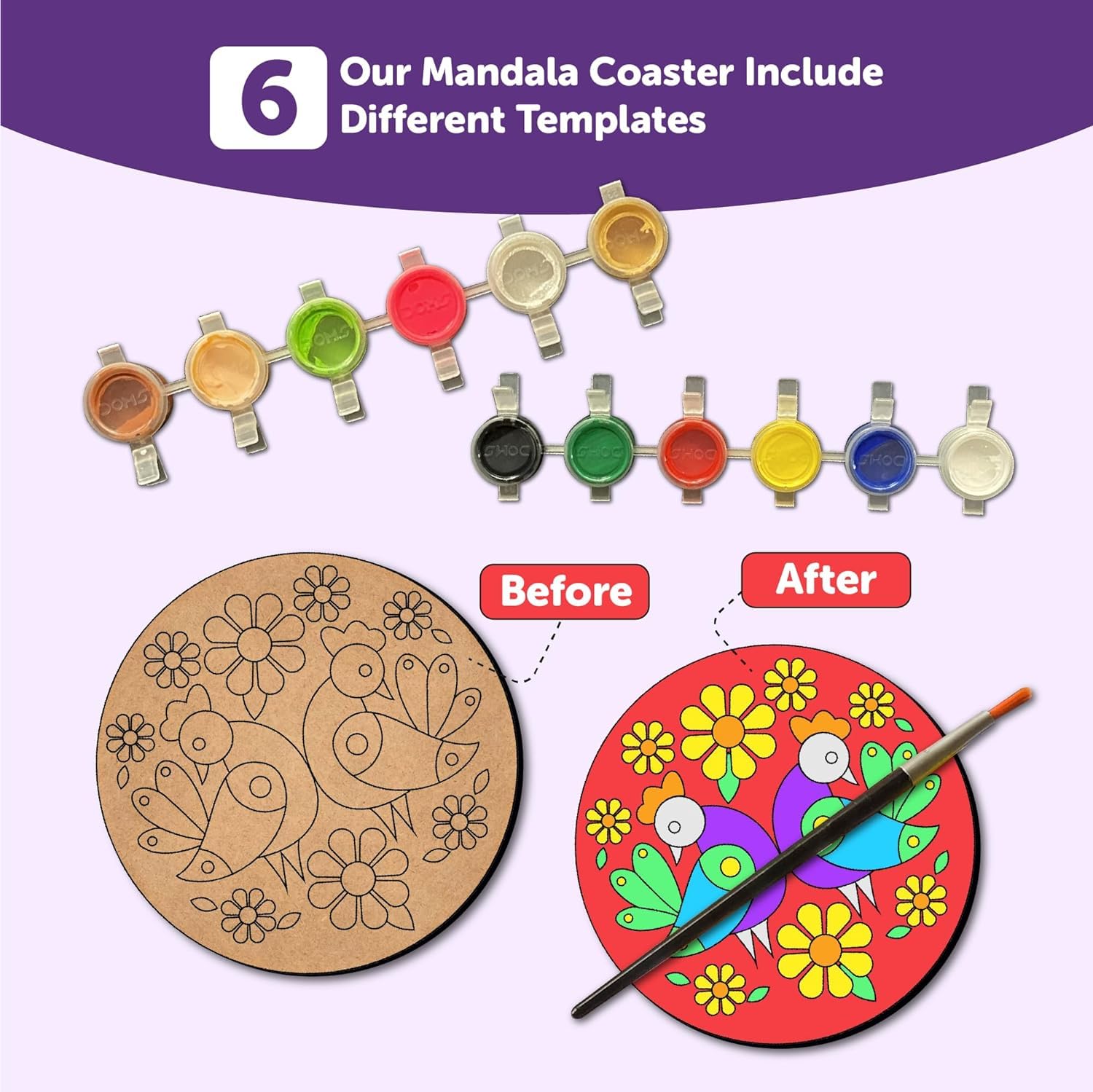 Mandala coaster set with paint samples and 'Before'/'After' comparison on a white background