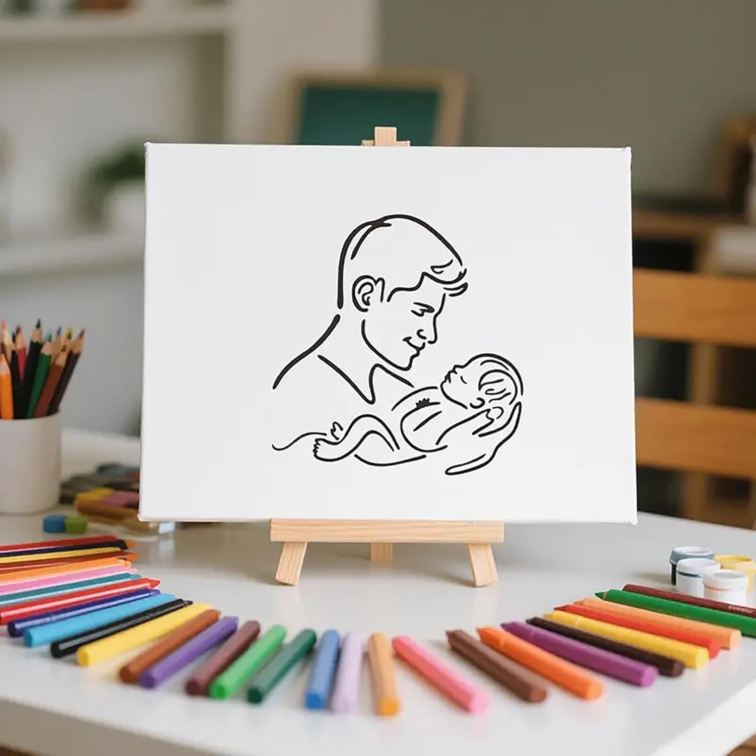 White board with a black line drawing of a woman holding a baby, surrounded by colorful markers on a desk.
