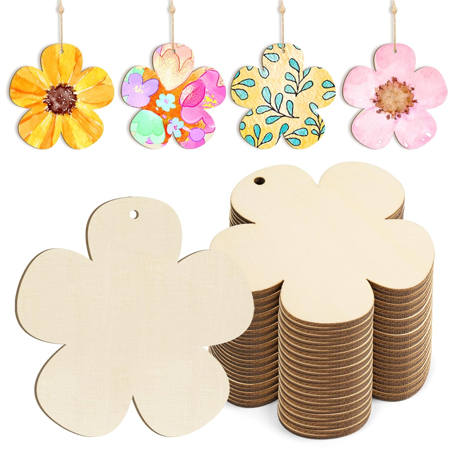 Flower-shaped wooden cutouts with colorful floral designs on a white background