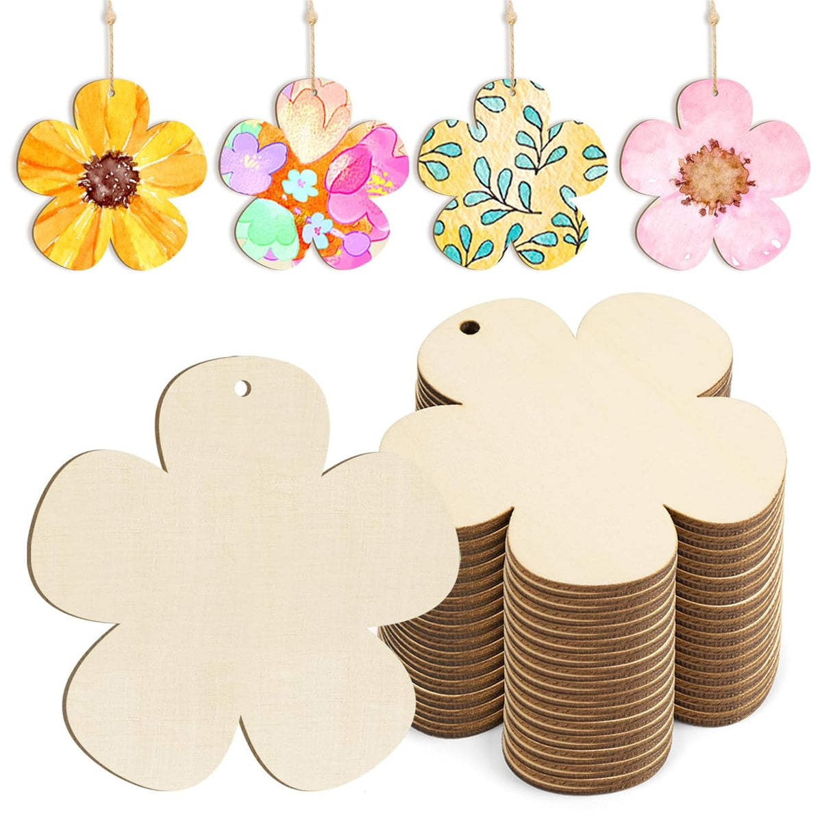 Flower-shaped wooden cutouts with colorful floral designs on a white background