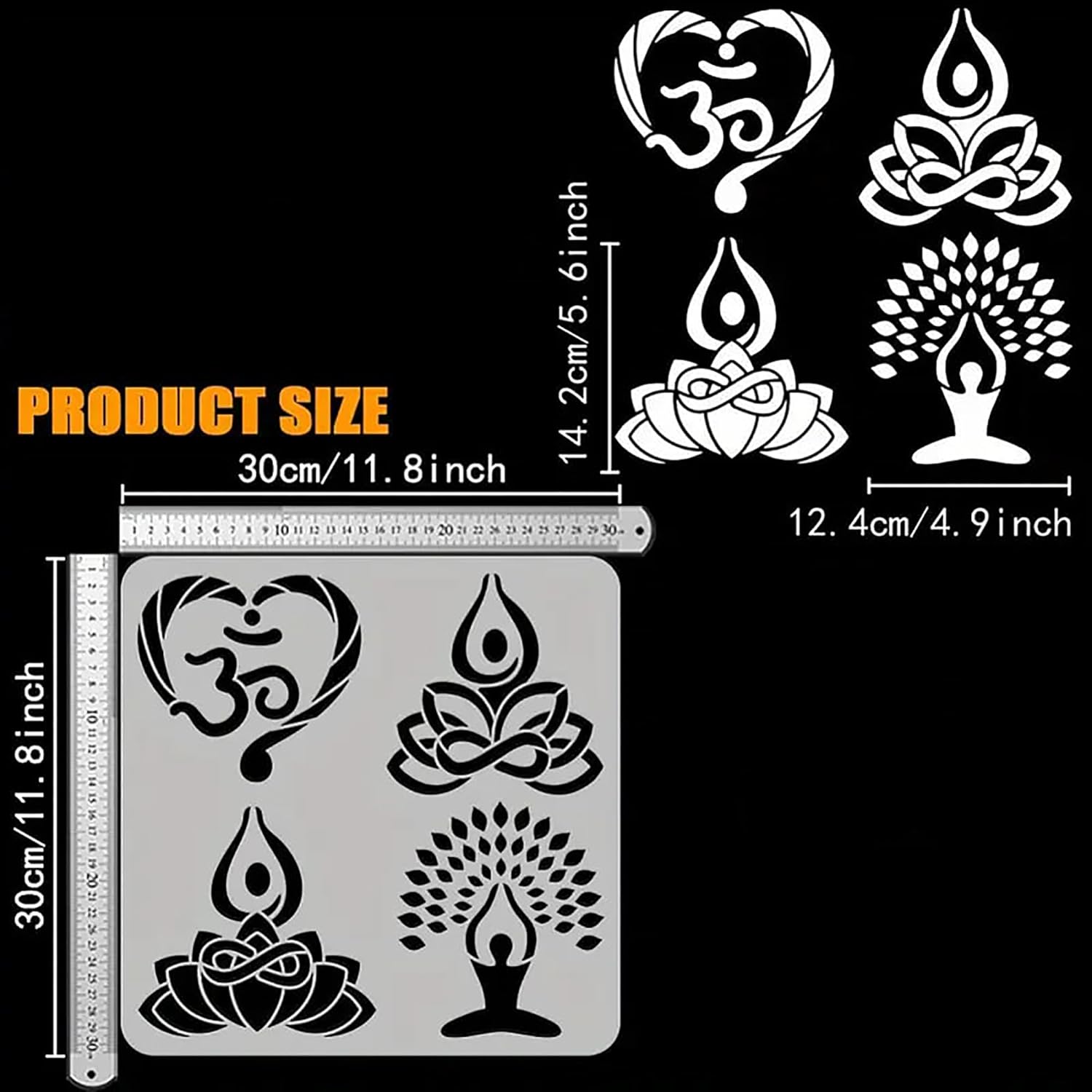 Set of six black mandala designs on a white background with product size measurements.