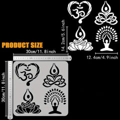 Set of six black mandala designs on a white background with product size measurements.