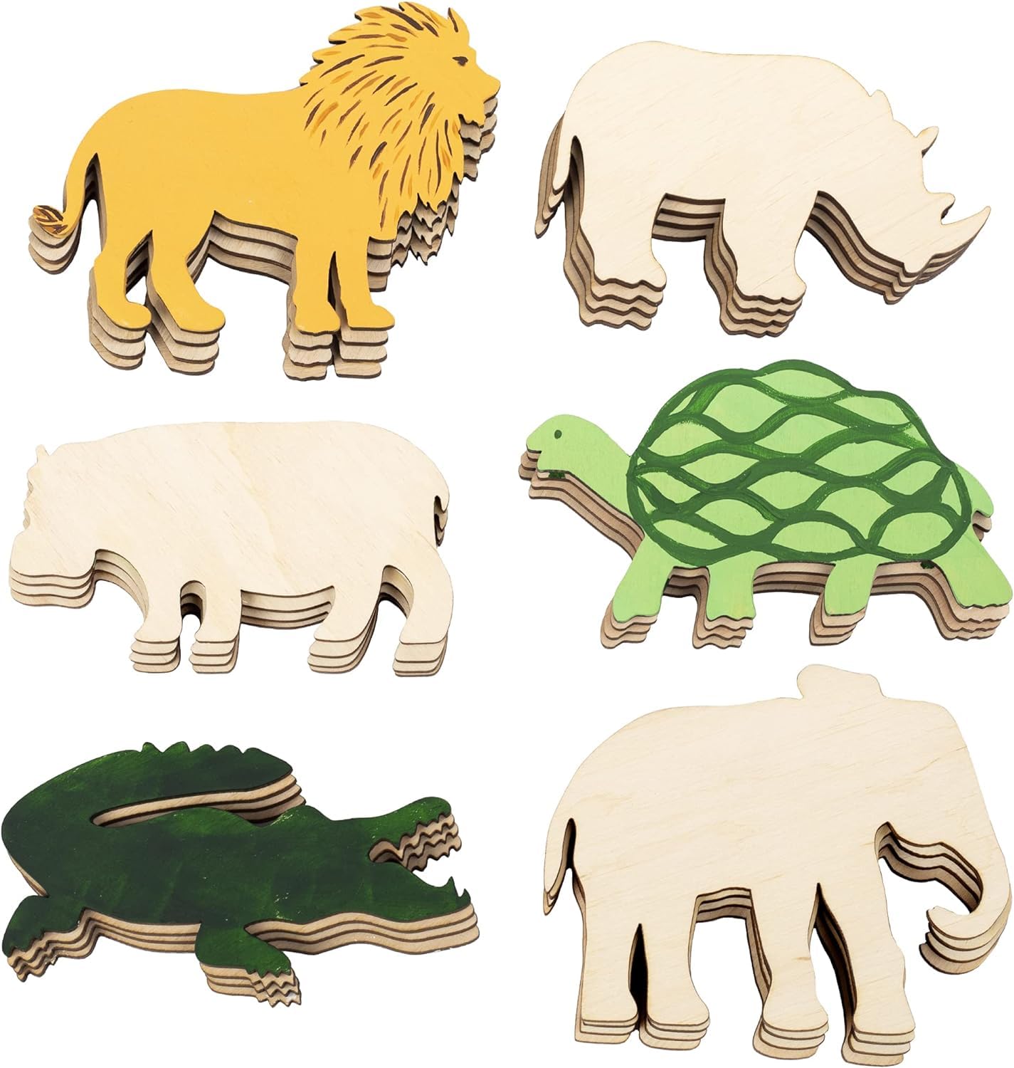 Set of wooden animal figures including a lion, rhino, hippo, turtle, crocodile, and elephant on a white background.