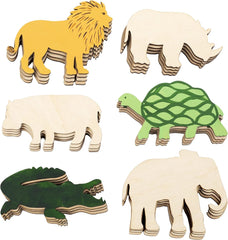 Set of wooden animal figures including a lion, rhino, hippo, turtle, crocodile, and elephant on a white background.