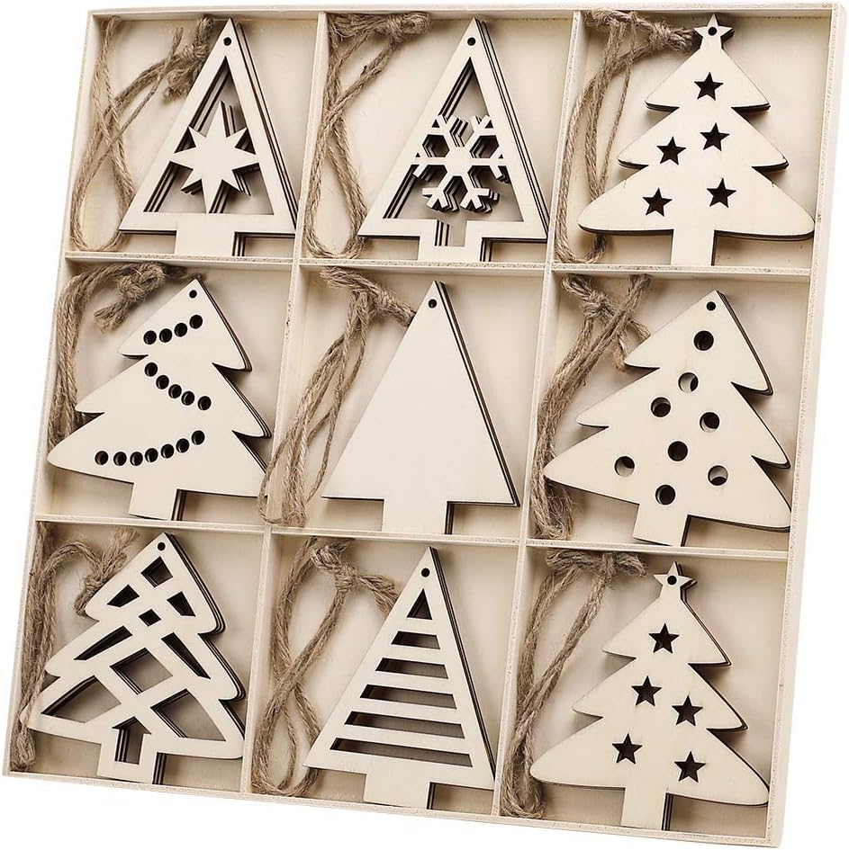 Set of wooden Christmas tree ornaments in a box