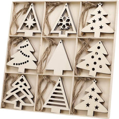 Set of wooden Christmas tree ornaments in a box