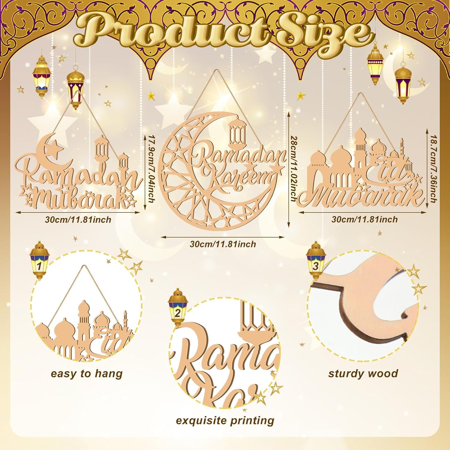 Decorative wooden cutouts with Ramadan designs and measurements on a gold background.