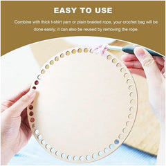 Circular crochet hook holder with hands holding a crochet hook, on a beige background.