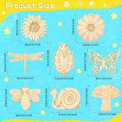 Wooden cutouts of various shapes with measurements on a blue background