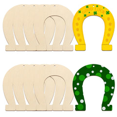 Set of wooden horseshoe shapes with colorful designs on a white background