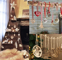 Collage of Christmas decorations including a wooden tree with ornaments, hanging ribbons with heart-shaped ornament, and string lights with decorative items.