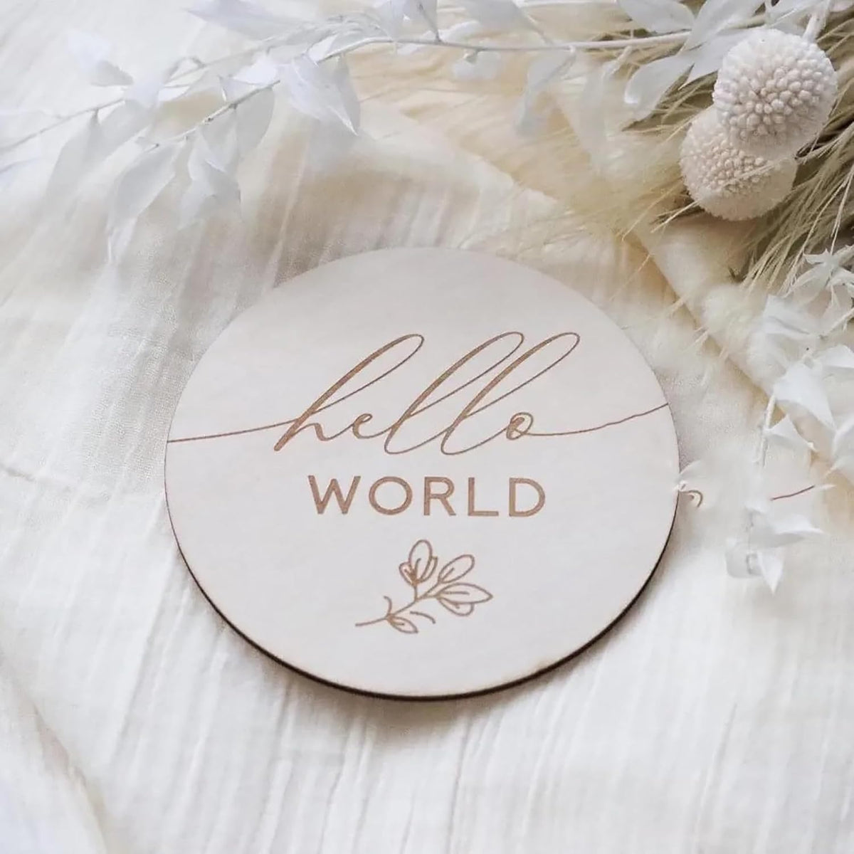 Round wooden sign with 'hello WORLD' text on a soft white background