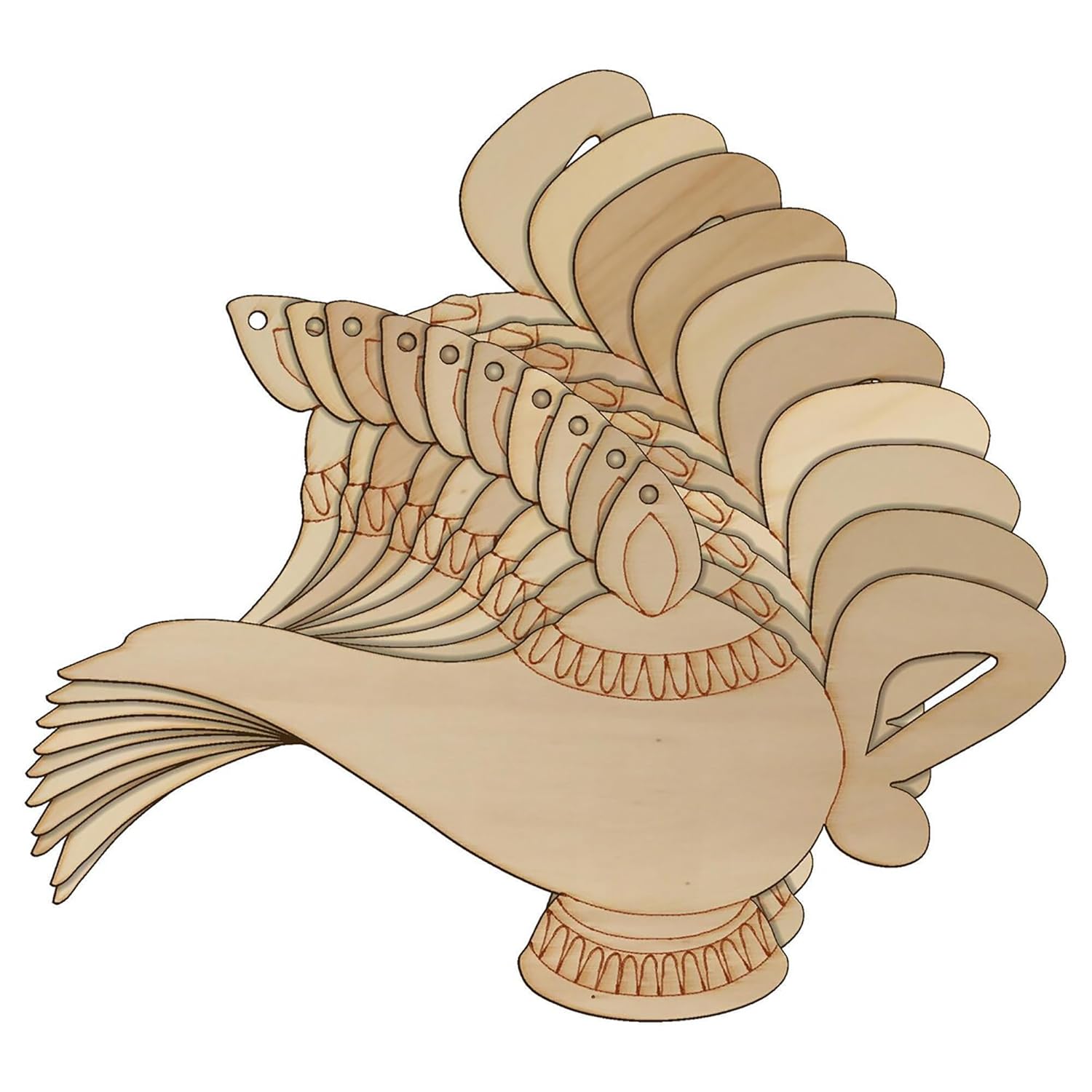 Wooden dove ornament with intricate carvings on a white background