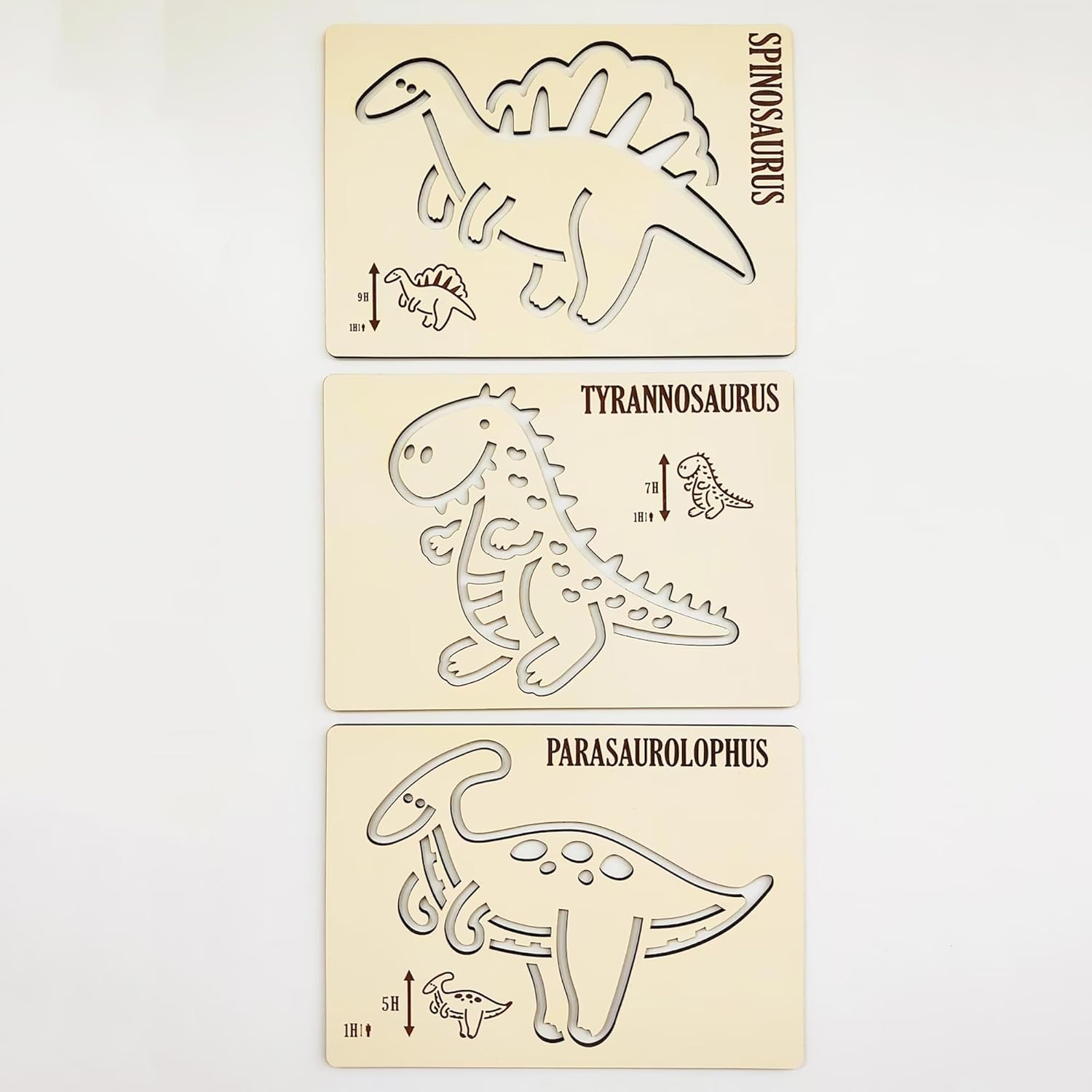 Three dinosaur stencils on a beige background