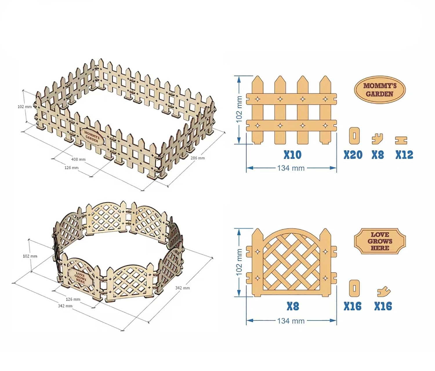 Wooden garden fence set with dimensions and branding on a white background