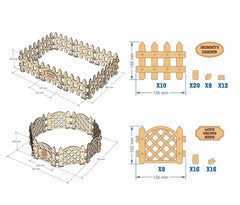 Wooden garden fence set with dimensions and branding on a white background