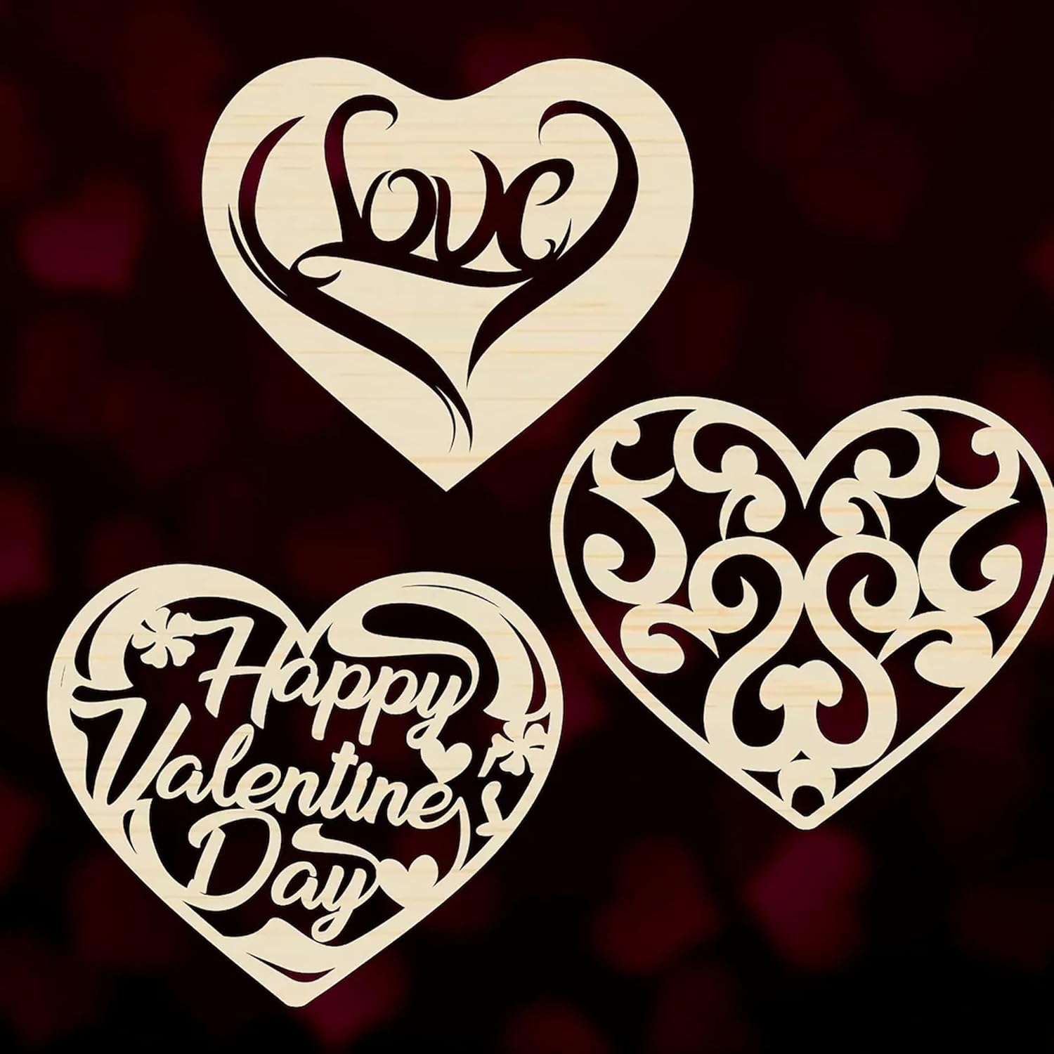 Three wooden heart-shaped cutouts with 'Love', 'Happy Valentine's Day', and decorative patterns on a dark background.