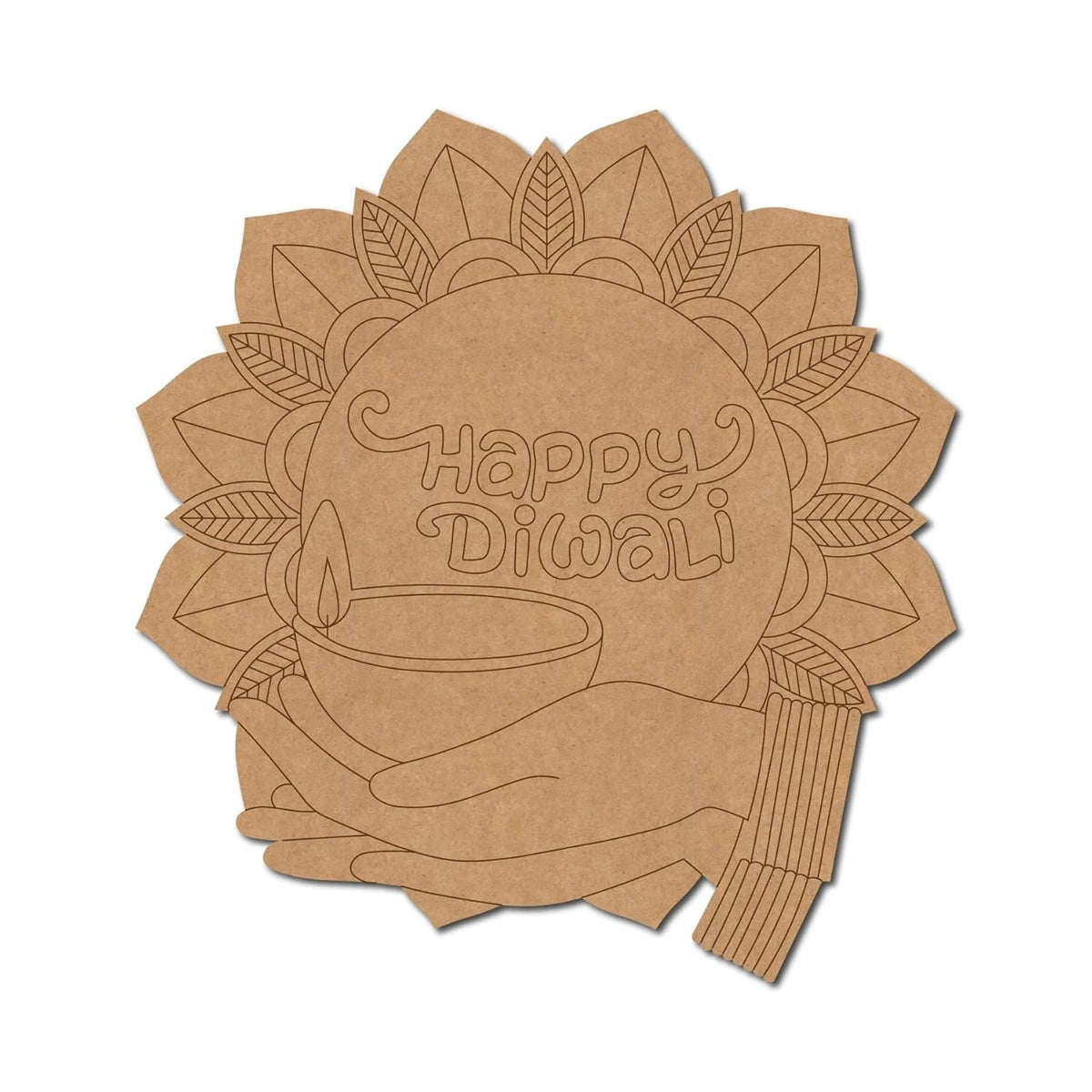 Brown paper cutout with 'Happy Diwali' text and decorative elements on a white background
