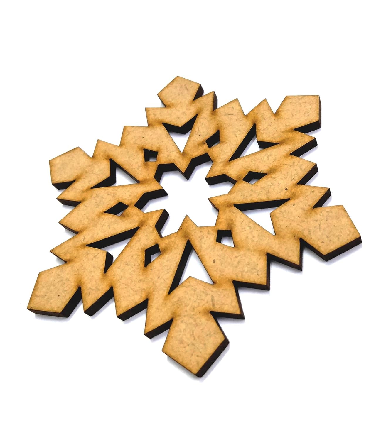 Wooden snowflake cutout on a white background
