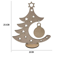 Wooden Christmas tree decoration with stars and a moon, shown with measurements on a white background.
