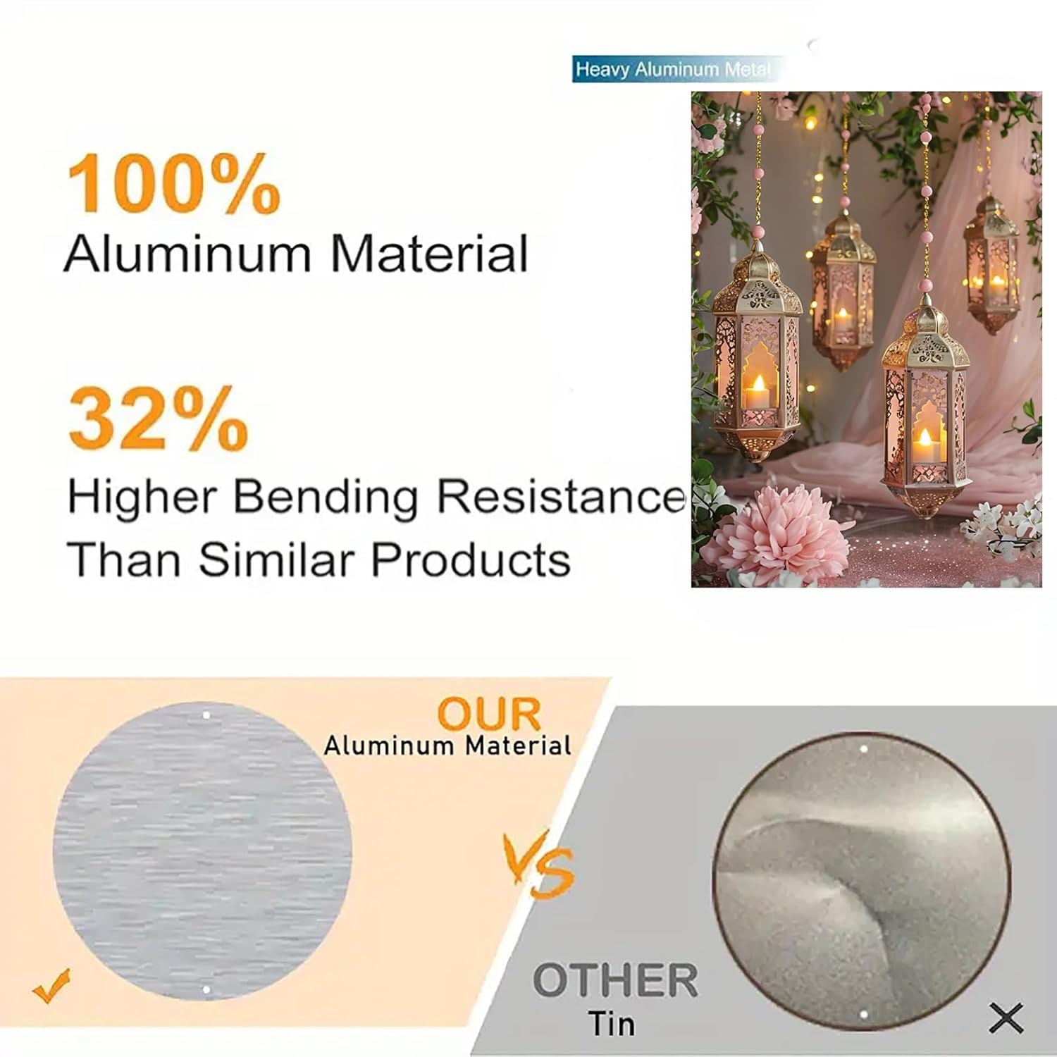 Product advertisement highlighting aluminum material and bending resistance with images of hanging lanterns and material comparison.