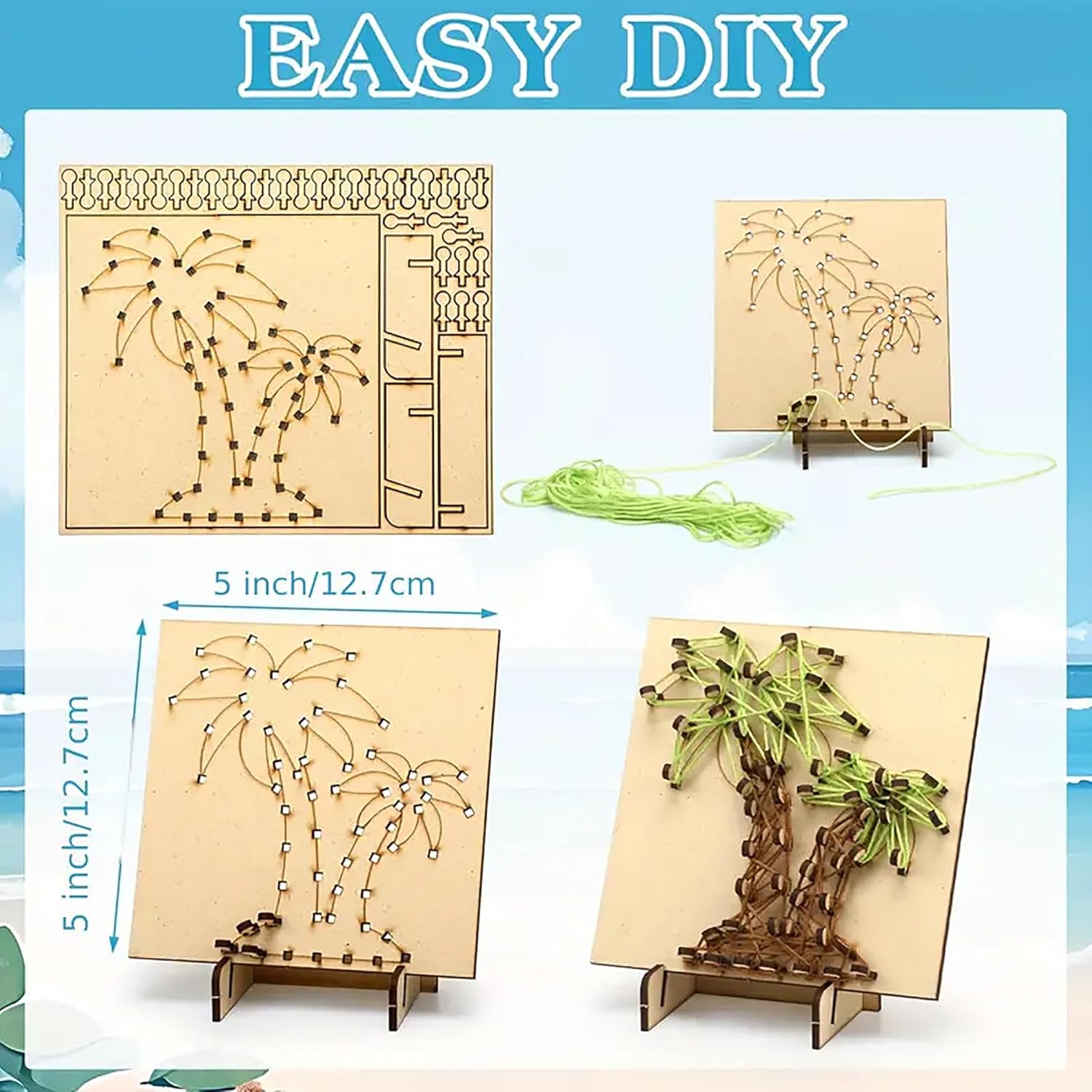Wooden string art kits with palm tree designs and instructions on a blue background