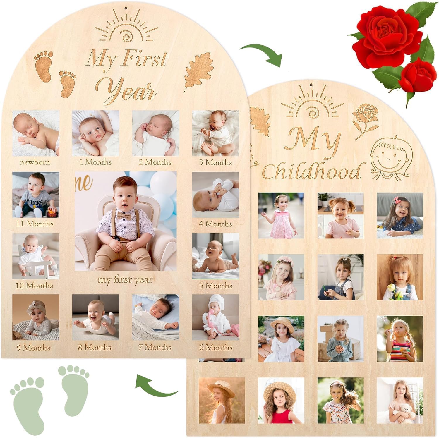 Wooden photo display with baby milestones and childhood memories