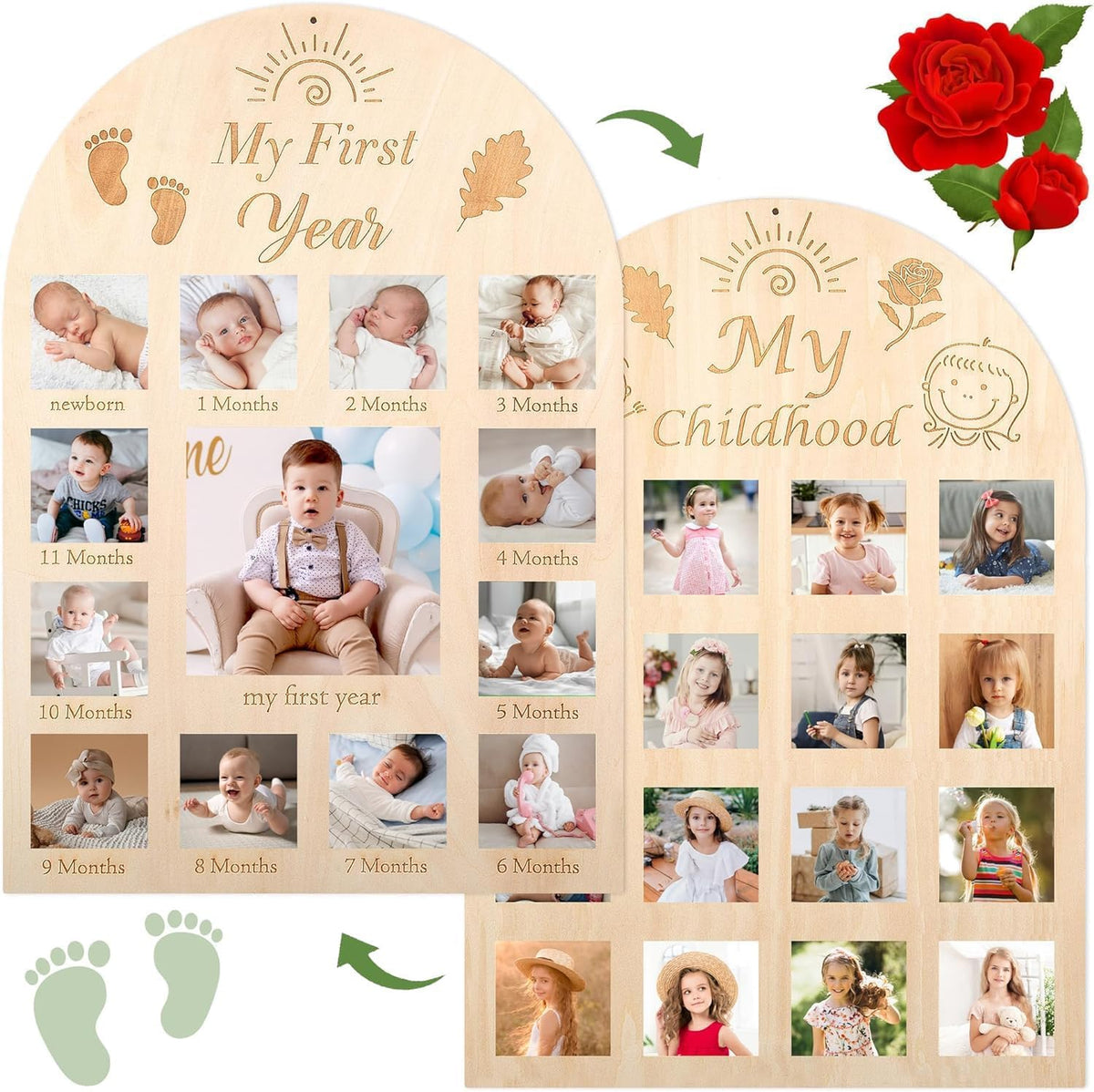 Wooden photo display with baby milestones and childhood memories