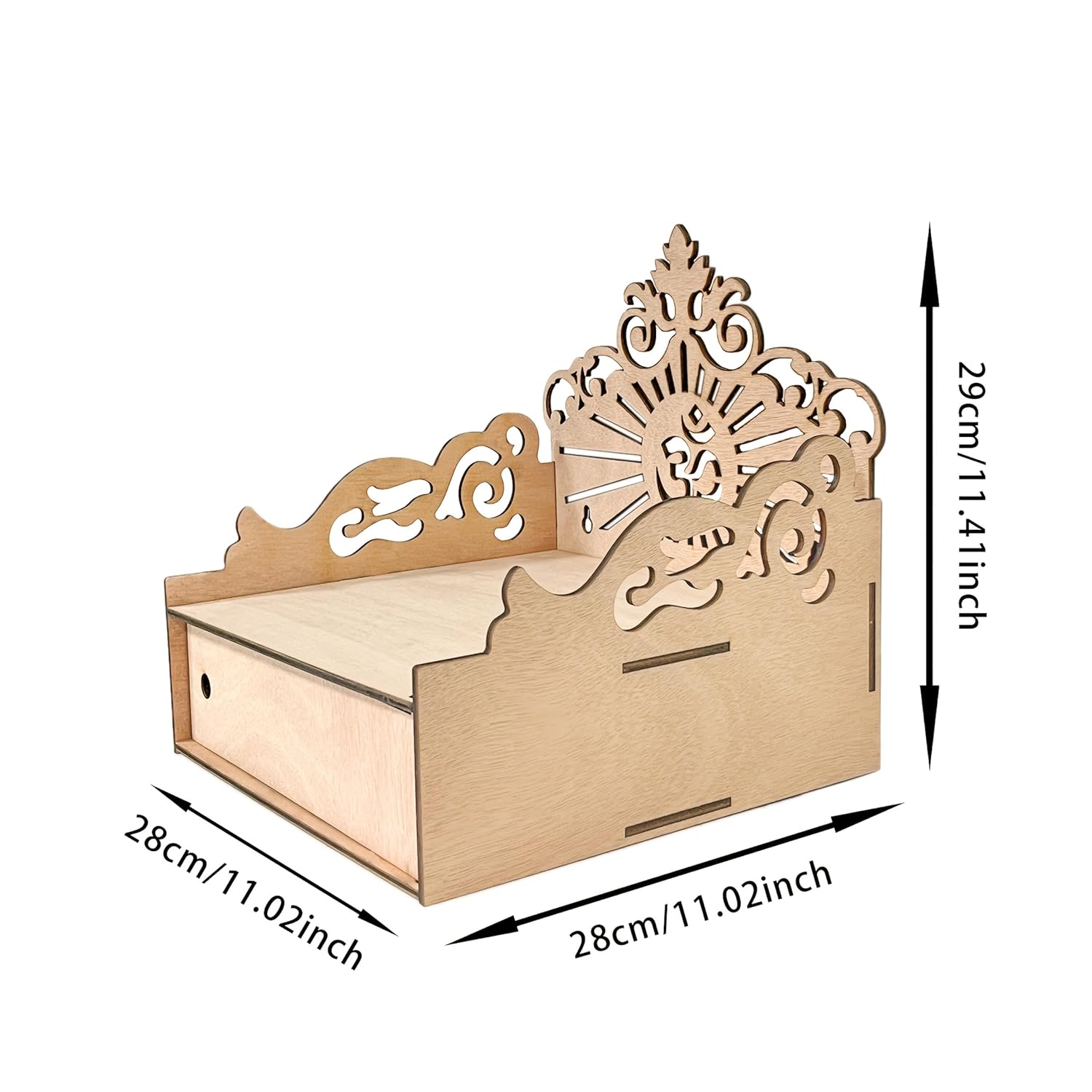 Wooden box with decorative cutouts and dimensions on a white background