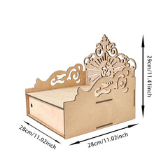 Wooden box with decorative cutouts and dimensions on a white background