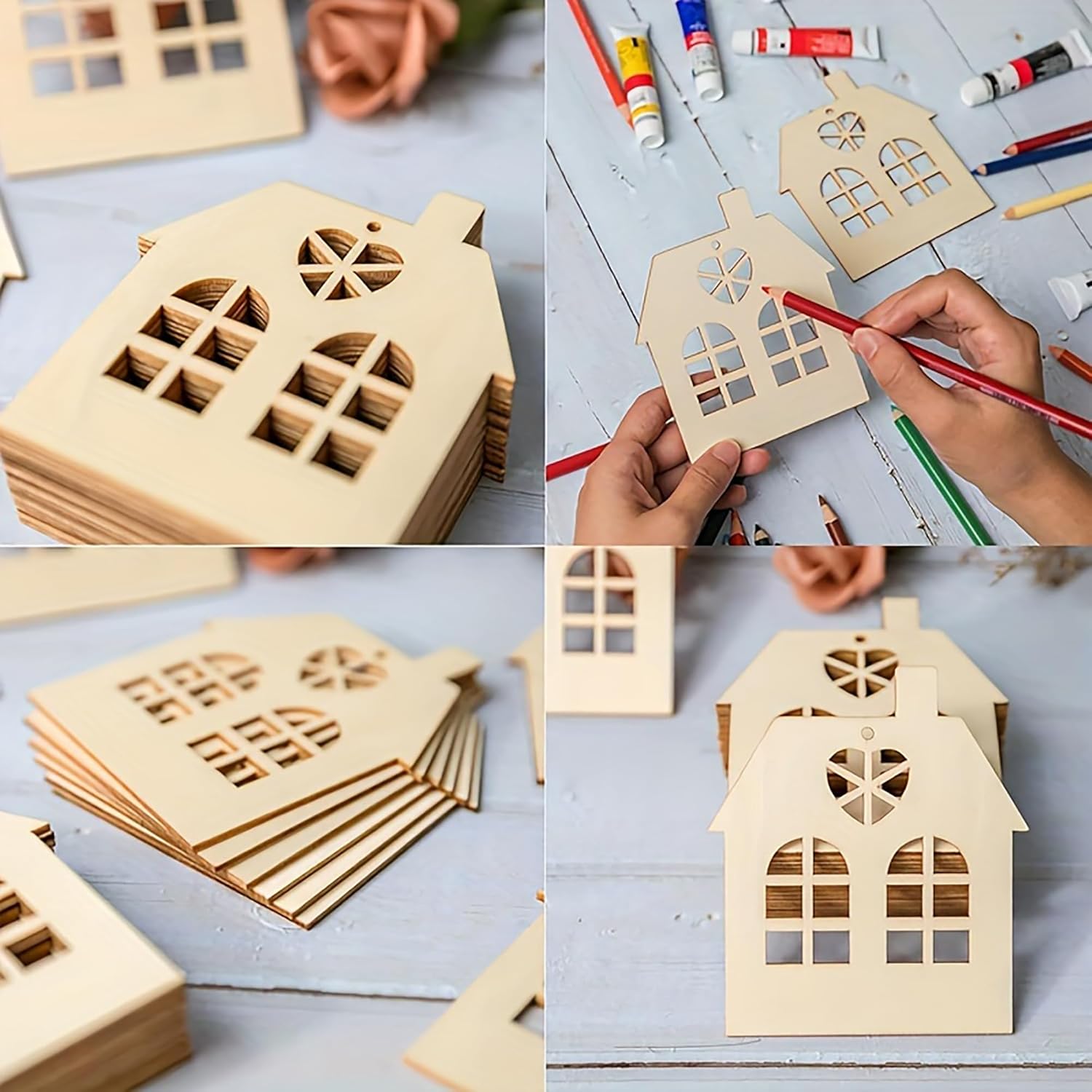 Collage of wooden house-shaped cutouts with painting supplies on a light blue background.