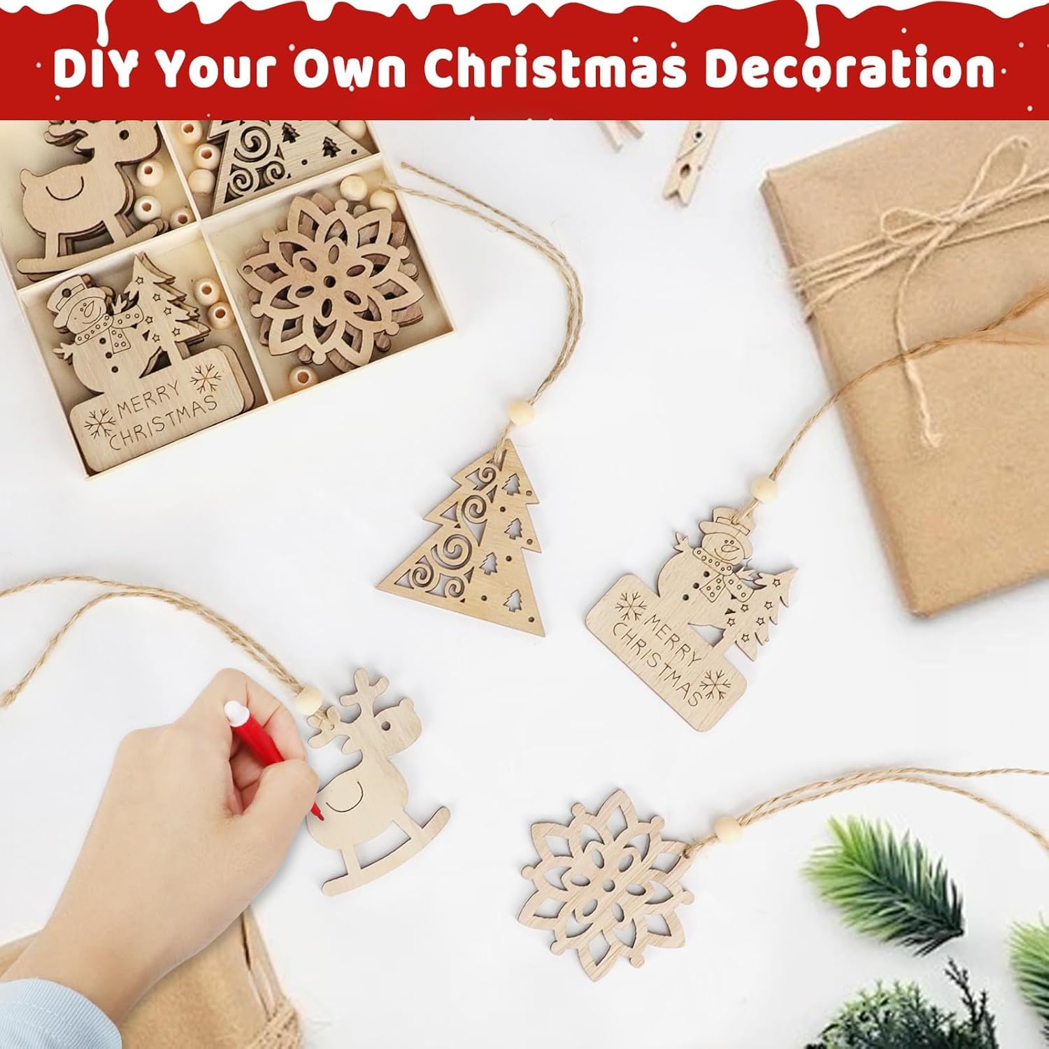 Wooden Christmas decorations with 'Merry Christmas' text on a white background