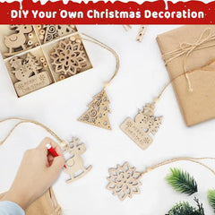 Wooden Christmas decorations with 'Merry Christmas' text on a white background