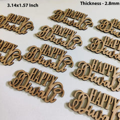 Wooden 'Happy Diwali' cutouts with dimensions and thickness on a white background