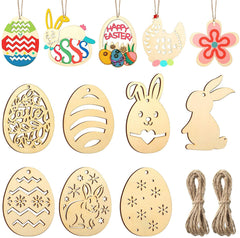 Set of wooden Easter decorations including eggs, rabbits, and flowers with decorative strings.