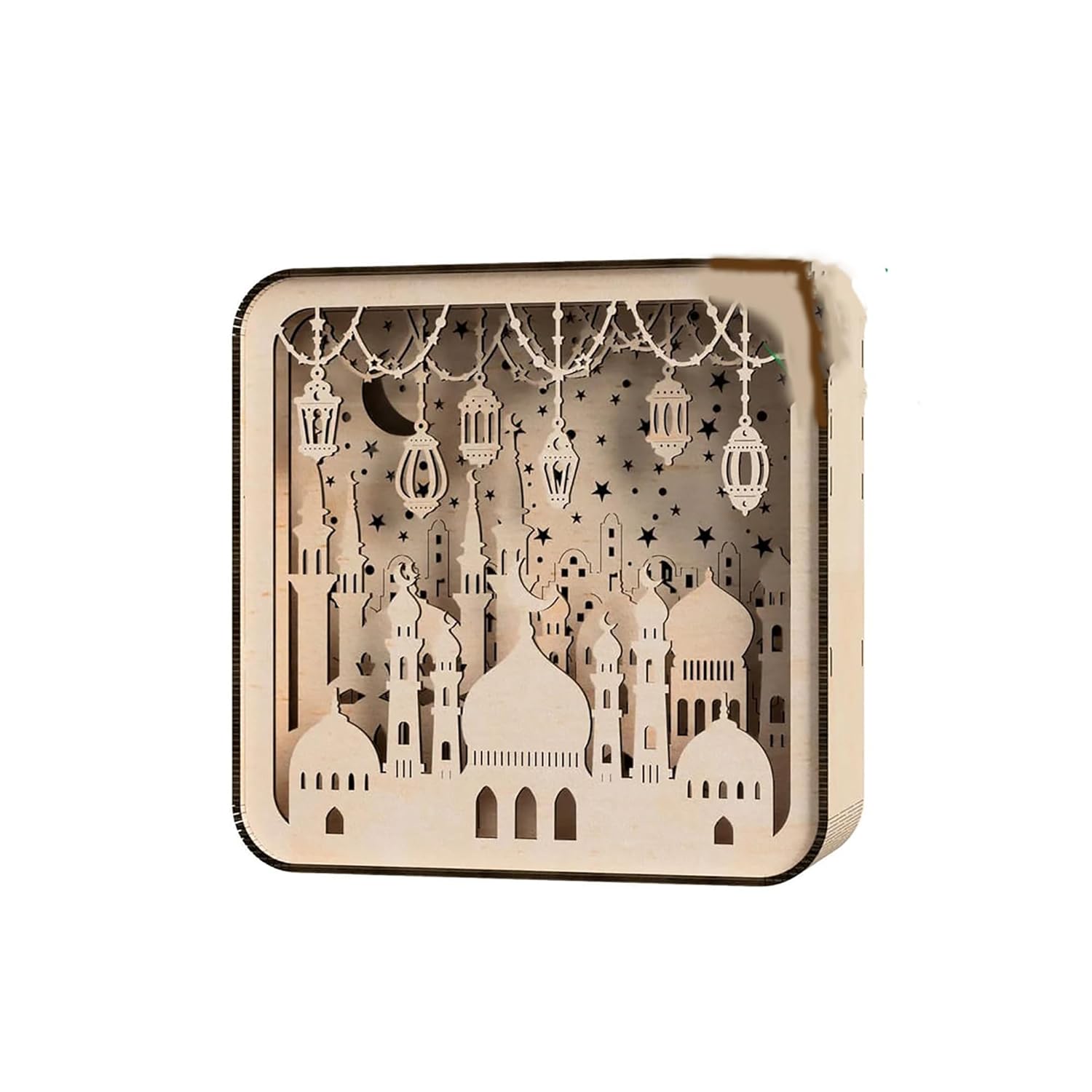 Decorative wooden box with cut-out designs of a cityscape and lanterns on a white background